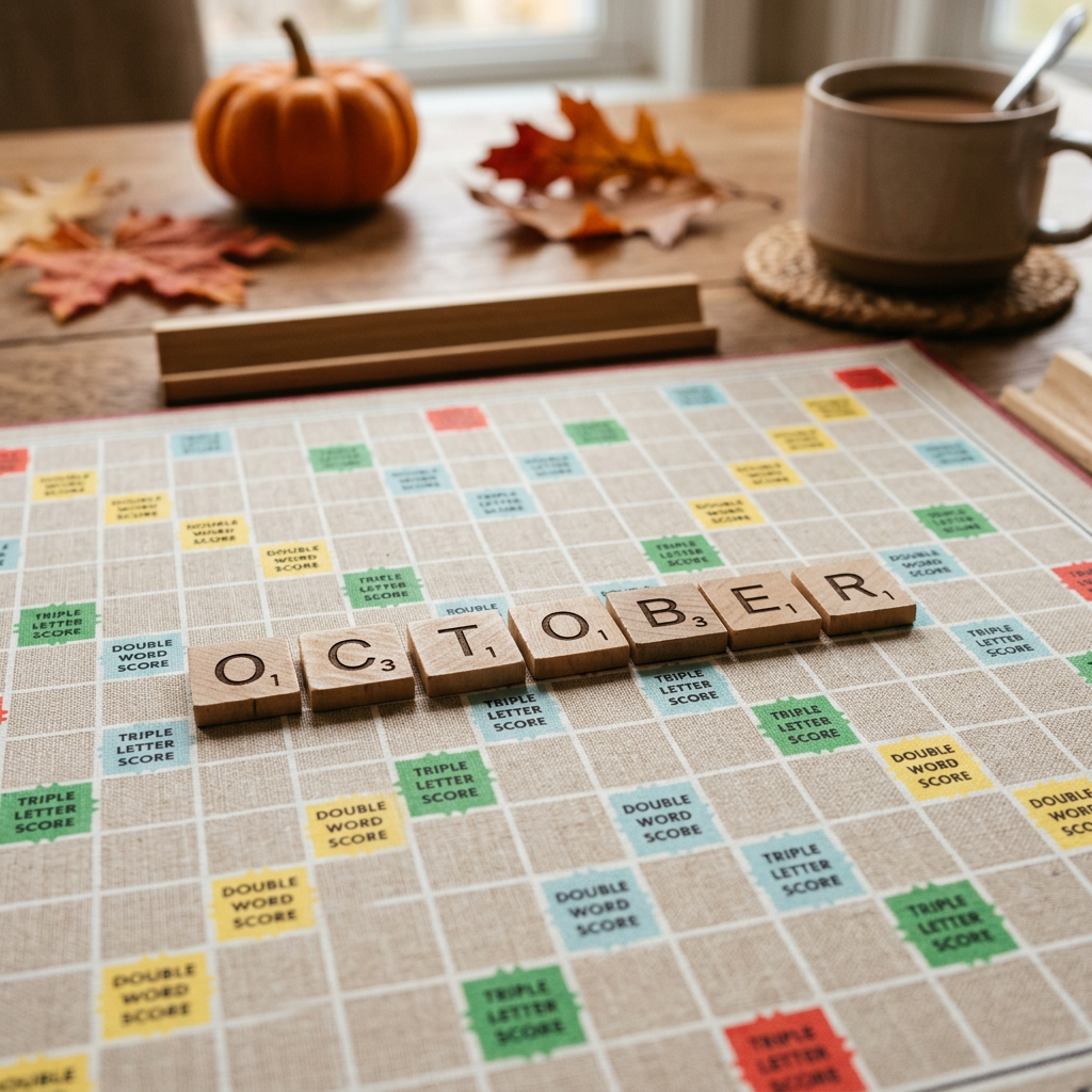 Scrabble tiles spelling OCTOBER beside a pumpkin, autumn leaves, and coffee