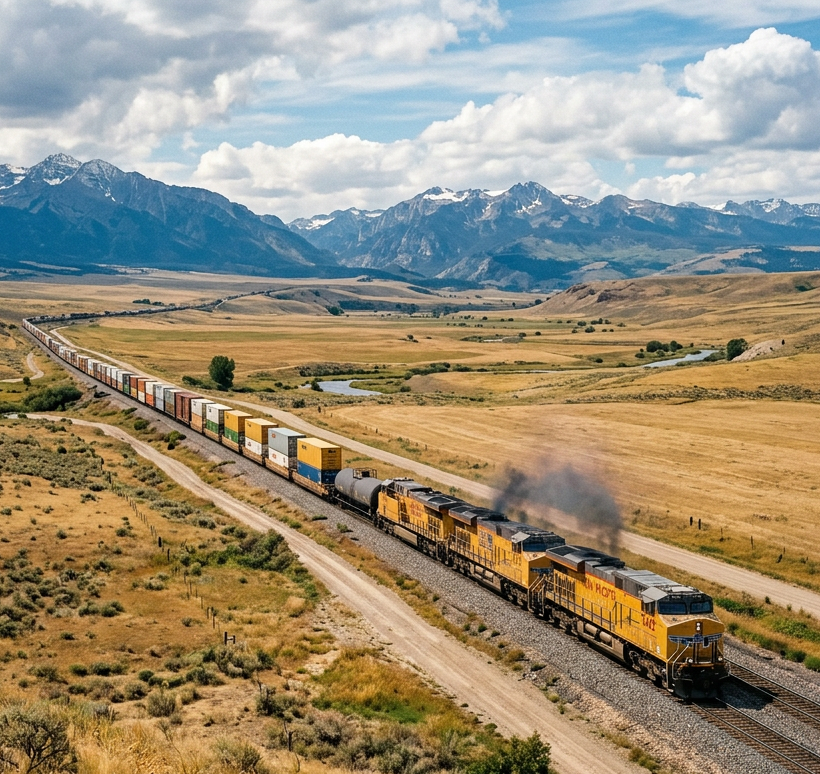 Freight train traveling through a dry valley beneath snow-capped mountains
