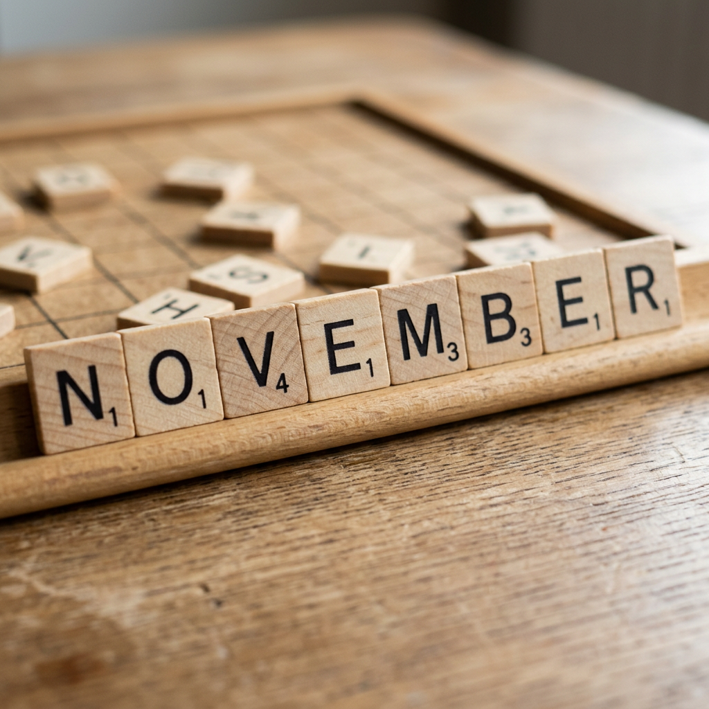 Scrabble tiles spelling NOVEMBER on a wooden game board